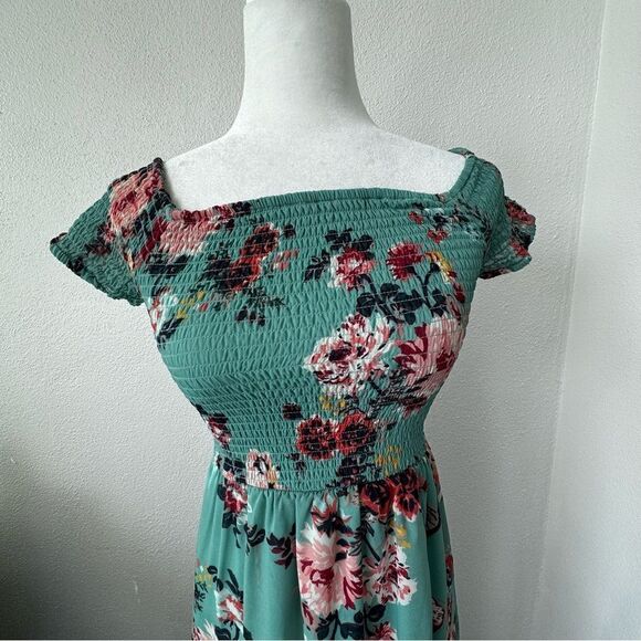 Derek Heart Floral High Low Dress Green Elastic Smocked Top SZ M - Picture 5 of 16